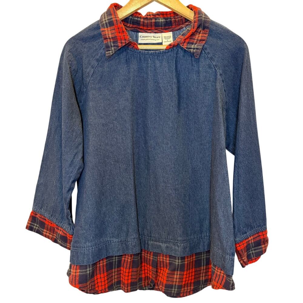 Country Store Denim Top L Womens Long Sleeve Plaid Collared Fall